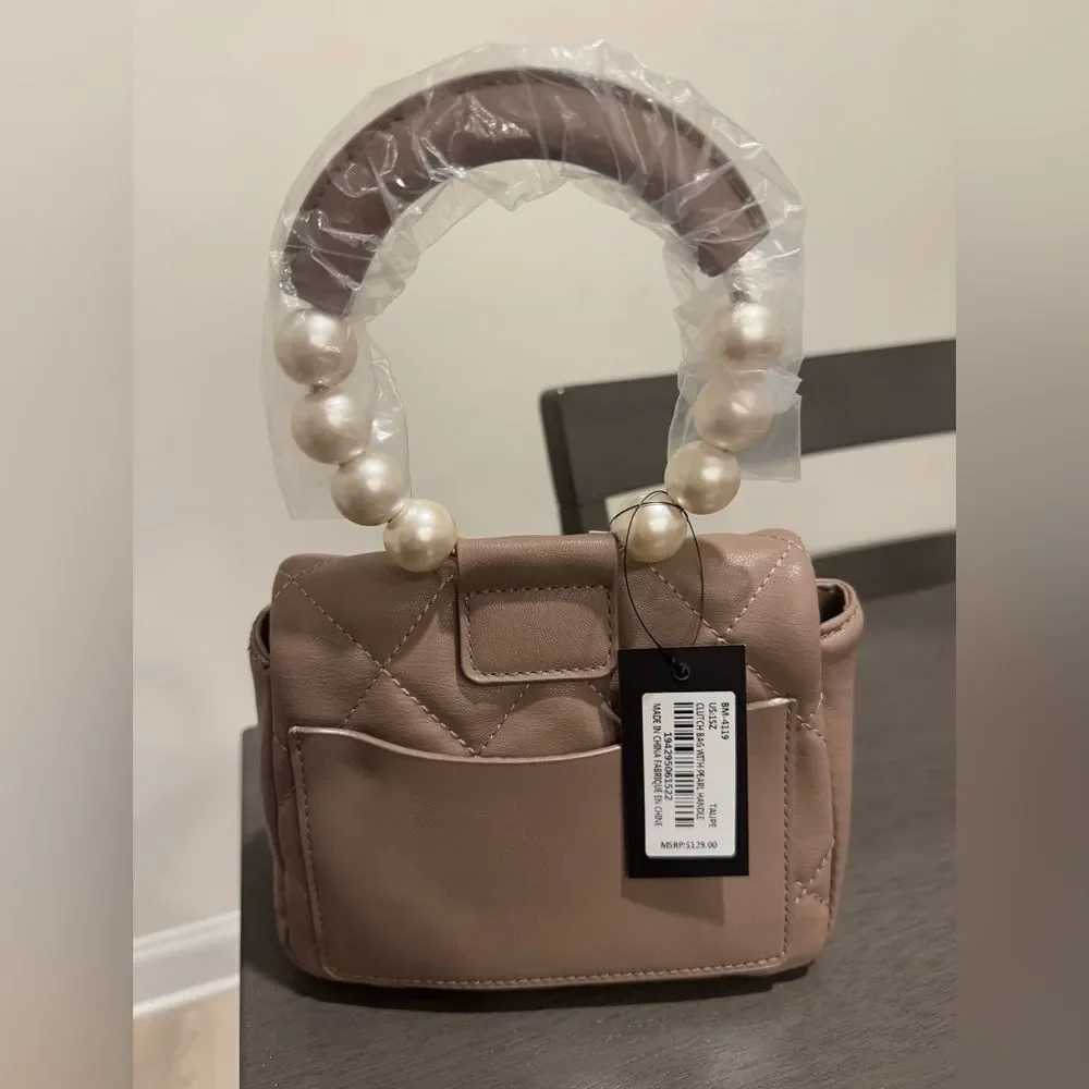 NWT Badgley Mischka Pearl Top handle Mini Quilted Handbag Taupe